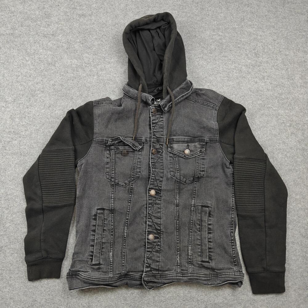 Hollister Jacket Mens Medium Gray Motorcycle Hooded Lined Epic Flex Denim Button